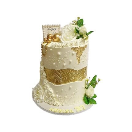 White Gold With Flowers Cake