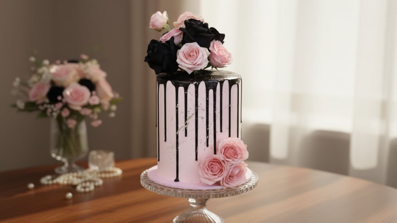 Black And Pink Rose Cake