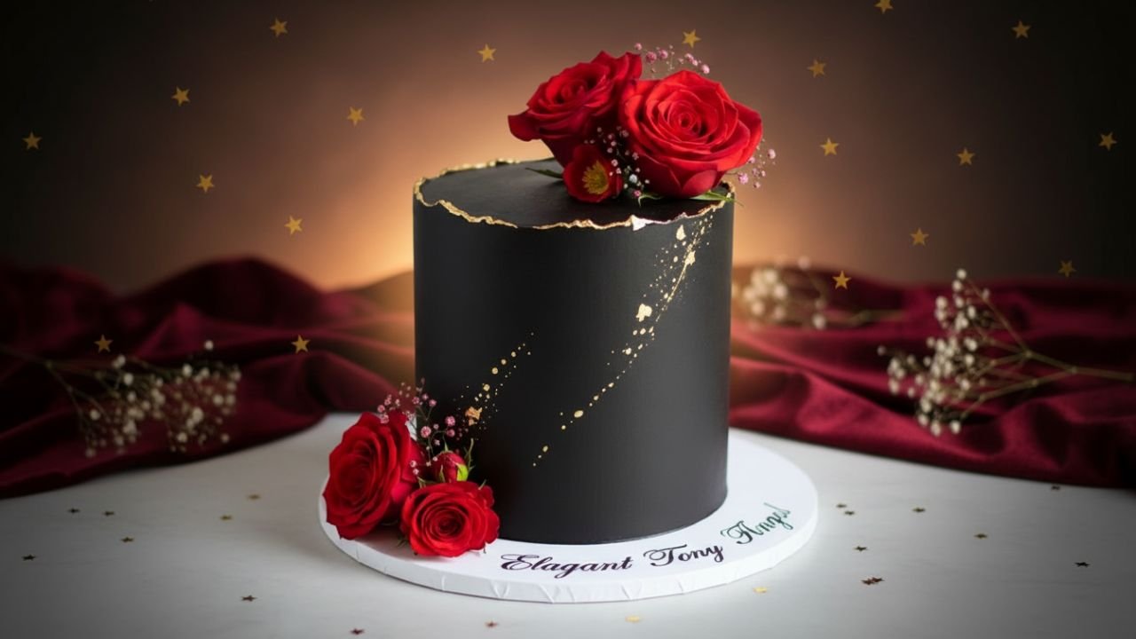 Red Rose Black Theme Cake