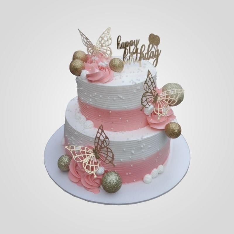 Two-Tier Pink and White Butterfly Birthday Cake Two-Tier Pink and White Butterfly Birthday Cake