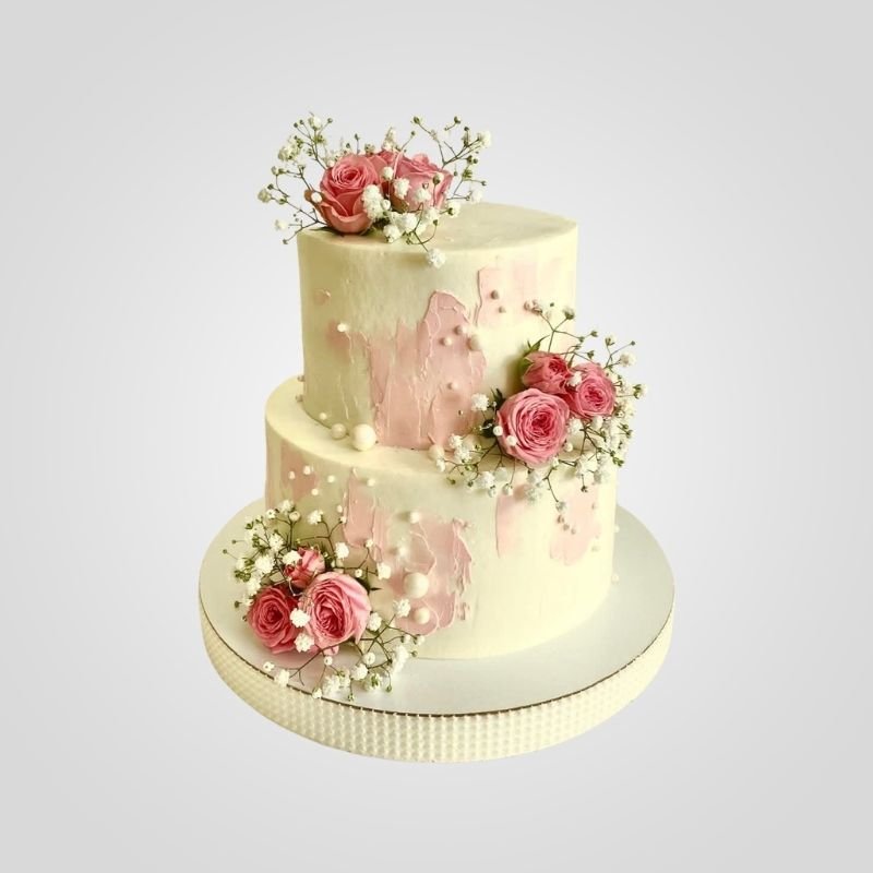 Two-Tier Watercolor Palette Knife Cake with Pink Roses Two-Tier Watercolor Palette Knife Cake with Pink Roses