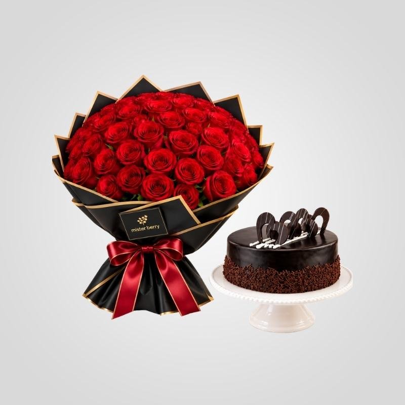 50 Red Roses & 1 KG Cake Luxury Gift Set